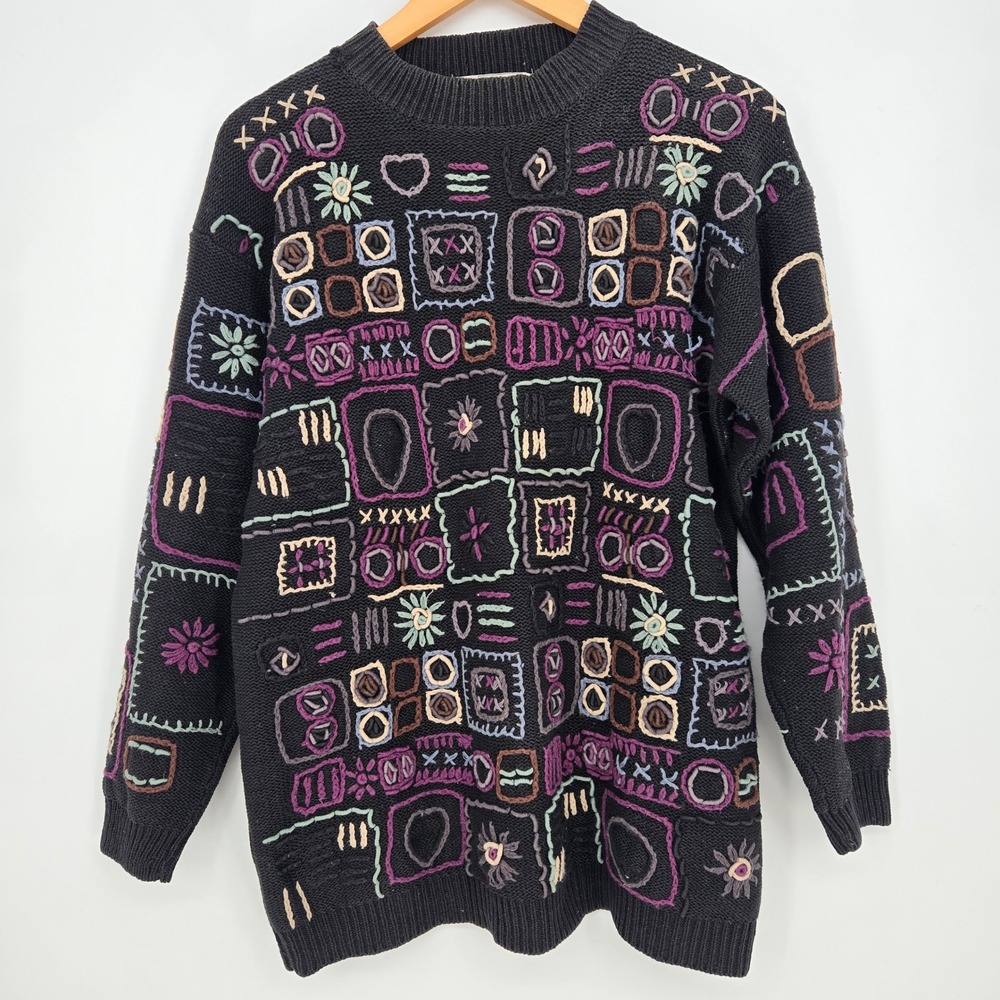 Vtg 90s Womens M Black Textured Embroidered Ramie Cotton Sweater Geometric
